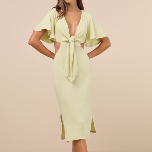 Lulus Summer Journey Light Green Tie-front Cutout Midi Dress - Size M - Picture 1 of 3